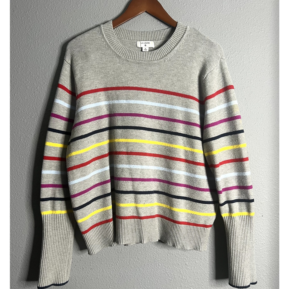 La Ligne Pullover Sweater Womens XL Gray Striped Cashmere Blend Academia Cozy